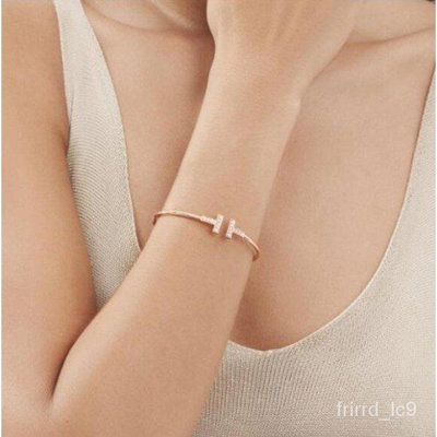 直購#99新 Tiffany &amp; Co./ 蒂芙尼 鑲鑽滿鑽雙T手鐲 18K玫瑰金 白金 手環 女士手鐲蒂芙尼