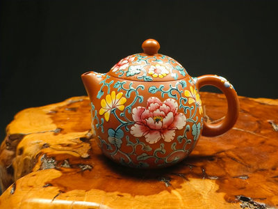 ～壺風茶道~23125《宜興紫砂  朱泥  琺瑯彩文旦壺》約240cc 宜興紫砂壺、紫砂、普洱茶、茶壺