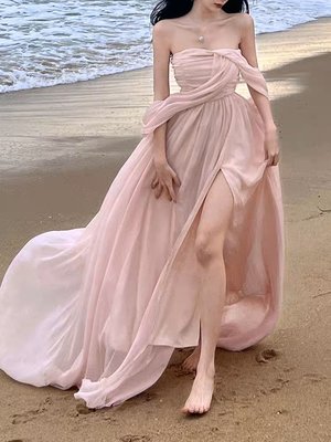 粉色露肩平口長洋裝性感洋裝拍照寫真禮服婚紗慶生拖尾裙沙灘裙長裙女神款仙女裙s-xl