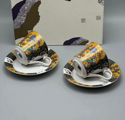 日本九谷正峰手作彩繪描金青粒咖啡杯套裝