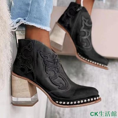 CK生活館鉚釘馬丁靴刺繡復古水晶透明高跟時裝靴粗跟高跟鞋
