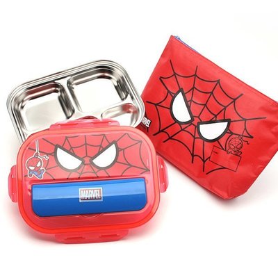 ❅PAVEE❅ 韓國 SPIDER MAN 蜘蛛人 5格304不銹鋼兒童餐盤+收納包