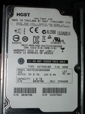 HGST HUC721010ASS600 1T 7.2K硬碟 SAS 1TB 2.5吋 Hitachi C7K1000