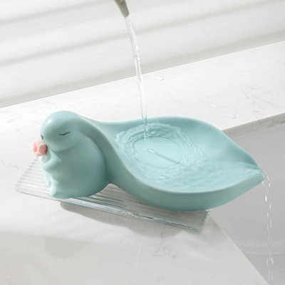 可愛陶瓷兔子肥皂盒家用衛生洗手間浴室免打孔排瀝水香皂盒置物架~優樂美