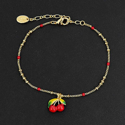 【Koaa海購】Les Nereides 新款時尚琺瑯彩釉紅色櫻桃樹葉手鏈甜美氣質水果細鏈條