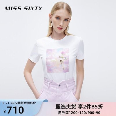 【熱賣下殺】Miss Sixty2022春季新款短袖T恤女純棉釘珠刺繡印花