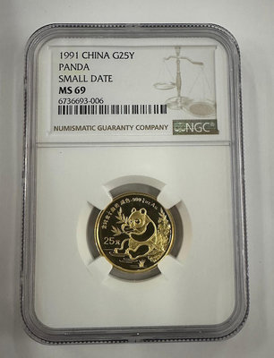 1991年熊貓金幣.1/4盎司金貓.評級NGC 69分 L 銀幣 錢幣紀念幣【悠然居】798