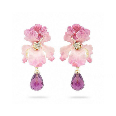 【MOMO全球購】Les Nereides 粉色鳶尾花系列紫色吊墜耳環耳夾