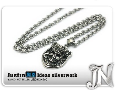 ．傑恩JN飾品．【BB140】『骷髏皇冠盾』西德鋼項鍊．超值促銷價(單件)