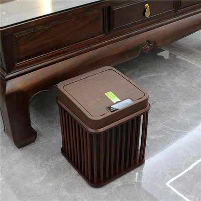 新中式實木智能垃圾桶復古紙簍筐家用客廳高檔木質自動感應收納桶