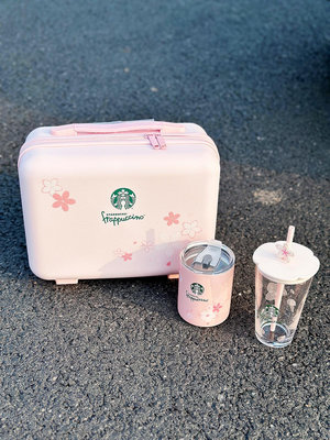 現貨 隨享星巴克新品粉色櫻花行李箱貓爪杯吸管玻璃杯咖啡水杯少女可愛
