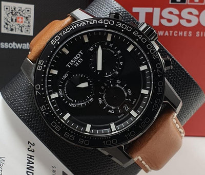 TISSOT Supersport Chrono 黑色錶盤 棕色皮革錶帶 石英 三眼計時 男士手錶 T1256173605101