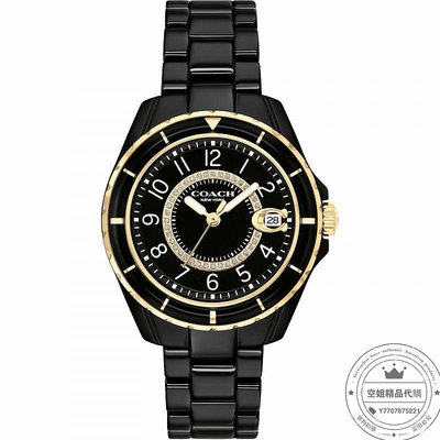 空姐代購 COACH 14503461 時尚小香晶鑽陶瓷腕錶 新款女士手錶 黑色陶瓷手鏈 錶盤 普雷斯頓 腕錶 百搭款 黑色錶面 附購證