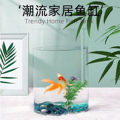 【現貨】生態玻璃魚缸小型圓形圓柱透明創意金魚缸家用客廳辦公室桌面造景