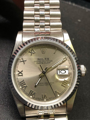 ￼特價 二手港錶 港勞 古董機械錶勞力士 Rolex DateJust 16234 白鋼殼帶、銀色盤面羅馬數字面盤 錶徑36mm