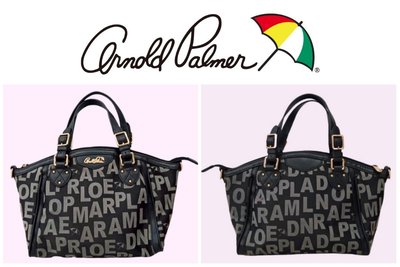 歐美名牌~【Arnold Palmer】滿版經典品牌字母雨傘logo花紋黑色手提包