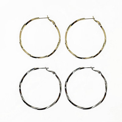 韓國 925純銀 金屬 鏡面 扭紋 圈圈 雙色 耳針式耳環