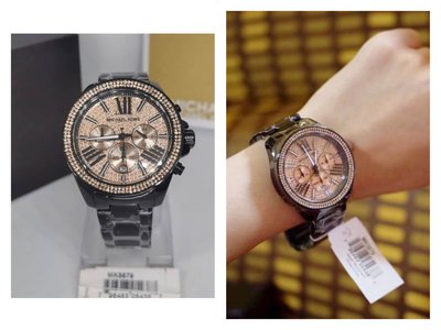 MICHAEL KORS 密鑲水晶錶盤 黑色不鏽鋼錶帶  石英 三眼計時 女士手錶 MK5879