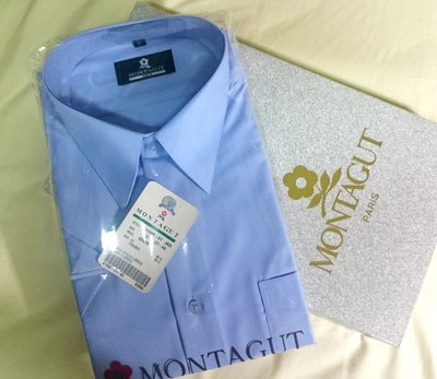 全新法國MONTAGUT 短袖素面襯衫-淺藍-領圍17~~~經典優雅好搭配