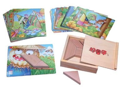 木製七巧板盒(附圖卡)(好童年)【台灣製造】【結合七巧板的幾何智慧和拼圖的樂趣】