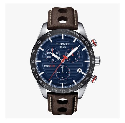 TISSOT T-SPORT PRS516 藍色錶面盤 陶瓷錶圈 棕色皮革錶帶三眼計時男士手錶T1004171604100 天梭