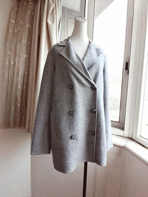 Massimo Dutti 淺灰 雙排釦 簡約中長版羊毛外套