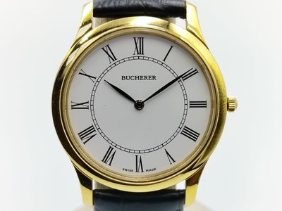【發條盒子K0139】BUCHERER寶齊萊 羅馬白面石英鍍金 日期顯示 經典皮帶男錶款 255.727
