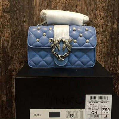 【現貨精選】100％原廠 藍色羊皮PINKO燕子包新款真皮女包菱格珍珠小包鏈條斜跨包手提包包