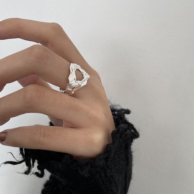 UDTRend 珠寶~設計戒指女小眾不規則鏤空錫紙紋理925純銀異形戒指開口食指戒
