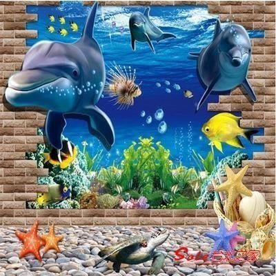 雙十一爆款·海洋壁貼 海豚3D牆貼客廳沙發背景牆壁貼畫創義裝飾臥室立體感海洋貼紙防水T可開發票