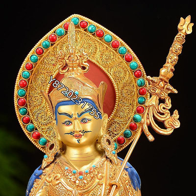 尼泊爾手工7寸銅全鎏金帶背冠寶石蓮花生大師 蓮花生大士銅像【功德坊】銅器 佛像 擺件