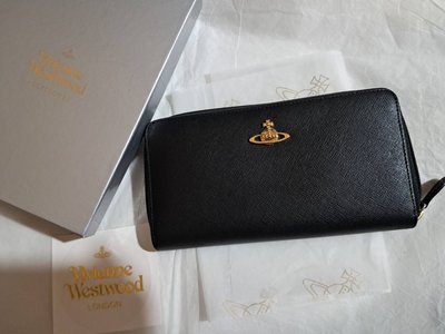 Vivienne Westwood 黑色 素面 防刮牛皮 經典 logo 星球 長夾 拉鍊 零錢 信用卡 錢包 專櫃正品