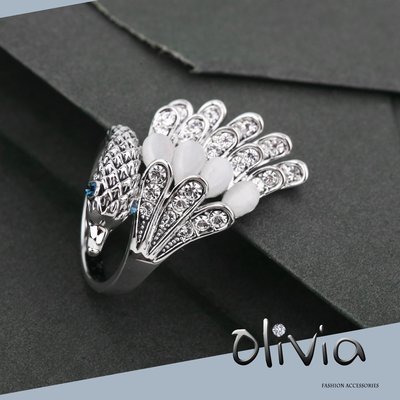 Olivia Fashion 戒指 藍眼天鵝鑲嵌貓眼石施華洛世奇水鑽厚鍍14K真金戒指【KA02679】