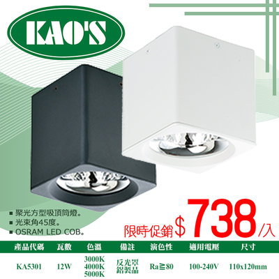【阿倫燈具】(KA5301)KAO'S LED-12W聚光吸頂方型筒燈 全電壓 光束角45度 適用商業空間