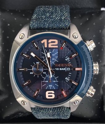 DIESEL Overflow 藍色面錶盤 牛仔單寧布拼皮革錶帶 石英 三眼計時 男士手錶 DZ4374