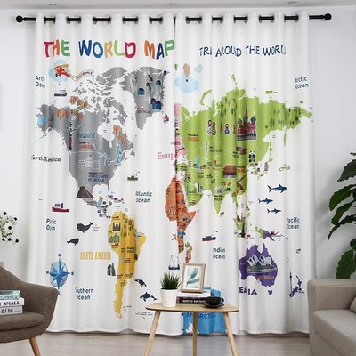 兒童房遮光可愛卡通男孩女孩房間幼兒園早教中心窗簾彩色世界地圖促銷