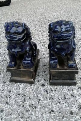 老物件--藍獅子古玩民間收藏老物件雕刻陶瓷擺件 高15寬6長8.5cm 一對價格標價就是賣價
