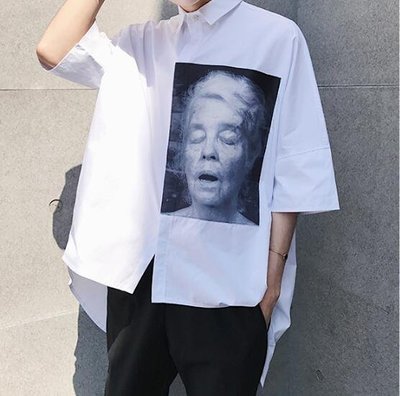 FINDSENSE MD 韓國 街頭時尚 潮 男 複古 寬鬆 特色老人頭像印花 短袖襯衫 特色短T