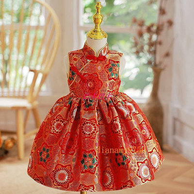 110-130CM 童裝  女童寶寶週歲禮服 旗袍兒童抓周公主洋裝  紅色高級中國風唐裝-巴卡巴卡 滿599免運