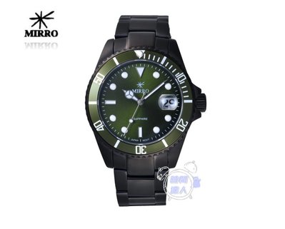 [時間達人]MIRRO 全黑水鬼造型 型男腕錶-黑x綠 6933BM-37615水晶玻璃部磨損 不鏽鋼手錶 日期顯示