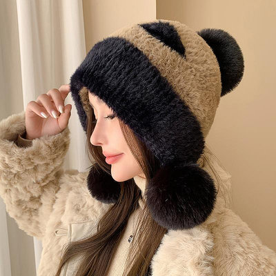 熊貓耳朵毛絨帽子冬季女生可愛甜美針織毛線帽加厚保暖護耳包頭帽-實惠小店