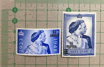 【伊莉莎白二世和菲利普親王】英屬東阿拉伯1948年，女王銀婚 2全，原膠背貼新票  SP2067