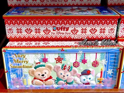Ariel Wish日本東京迪士尼聖誕節Duffy Shelliemay達菲熊雪莉玫畫家貓咪長條形鐵罐餅乾糖果空盒