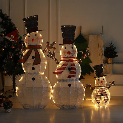 卡通圣誕雪人立體擺件圣誕節氛圍感布置道具鐵藝絨布帶串燈裝飾品-奇點家居