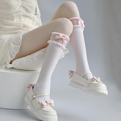 日系可愛洛麗塔jk蝴蝶結中筒襪夏季薄款甜美少女白色蕾絲小腿襪子-Princess可可
