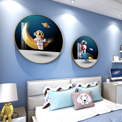 現代簡約兒童房掛畫太空宇航員床頭背景墻裝飾壁畫圓形動漫臥室畫