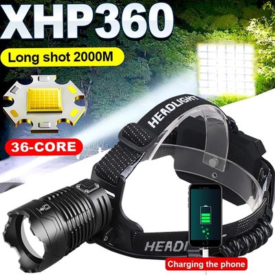 100000Lm 可縮放 XHP360 頭燈 36 芯 LED 頭燈使用 18650 電池手電筒可充電 4 照明模式頭燈-星紀汽車/戶外用品