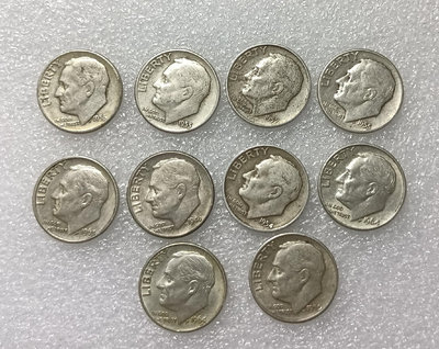 美國羅斯福10美分銀幣，一共10枚，單枚25元，湊單滿百免運