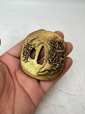 日本銅器 刀鐔 純銅刀擋 精工雕刻 自然老包漿 實物拍攝 二