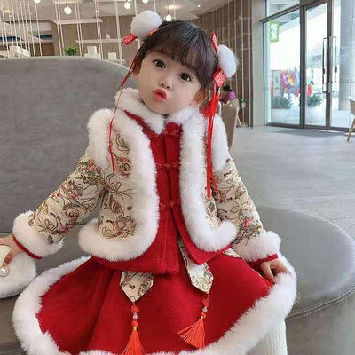 童顏童語漢服兒童女童冬季套裝刷毛中國唐裝週歲寶寶過年衣服兔年拜年服